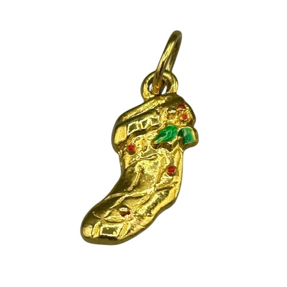Vintage Gold Tone Stocking Charm Enamel Holiday Pendant Non-Magnetic Estate